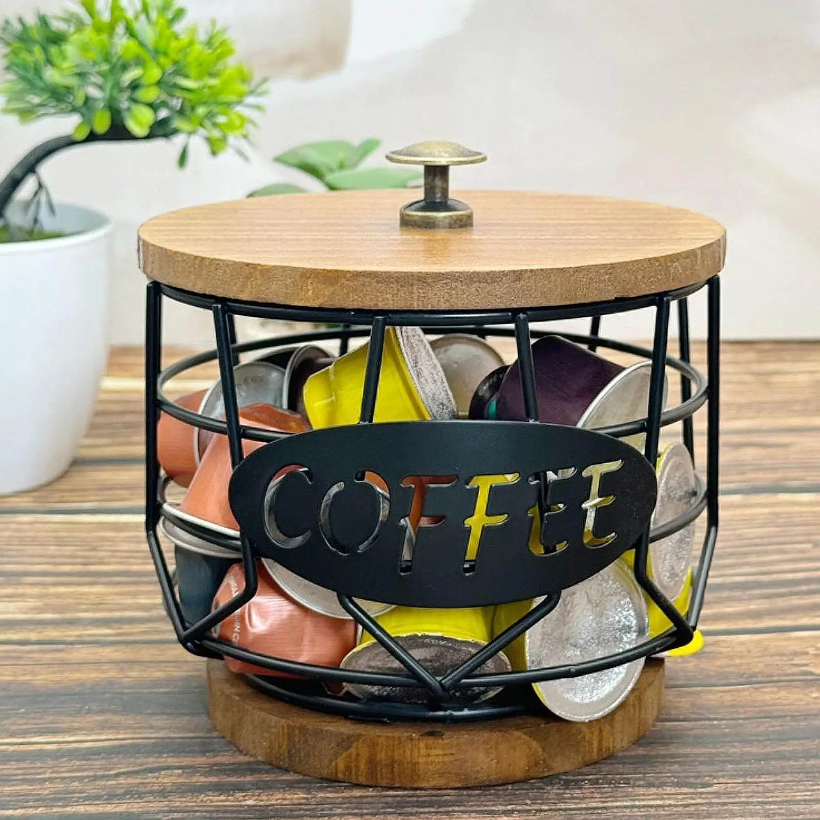 Coffee Pod Holder with Wooden Base Sturdy Iron Cup Shaped Organizer for Kitchen Counter Cafe Bar Accessories Office Desktop Coffee Pod Holder with Wooden Base Sturdy Iron Cup Shaped Organizer for Kitchen Counter Cafe Bar Accessories Office Desktop