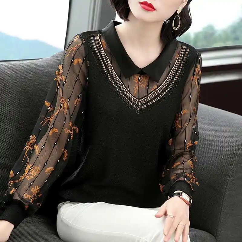 2023 Spring and Summer Versatile Elegant Temperament Top Fashion Hollow Out POLO Collar Long Sleeve Simplicity Commuter Shirt