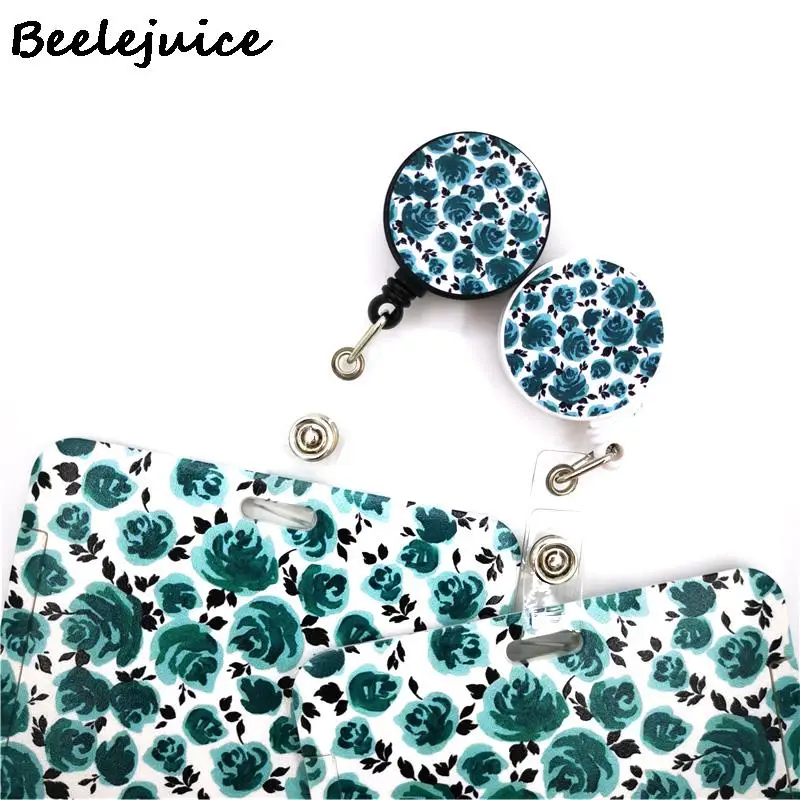 Elegant Blue Floral Badge Holder with Lanyard and Card Case
