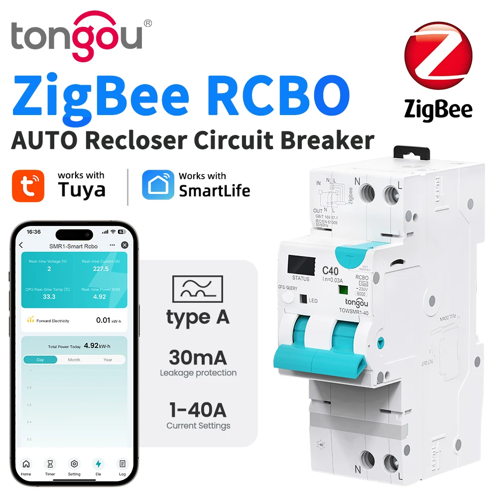 TONGOU Type A Tuya Zigbee 1-40A Adjustable 30mA RCBO Residual Current ...