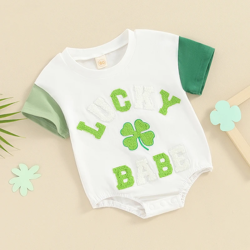 

Baby Girls Boys St Patrick Outfits Short Sleeve Lucky Babe Letters Embroidery Romper Infant Summer Clothes