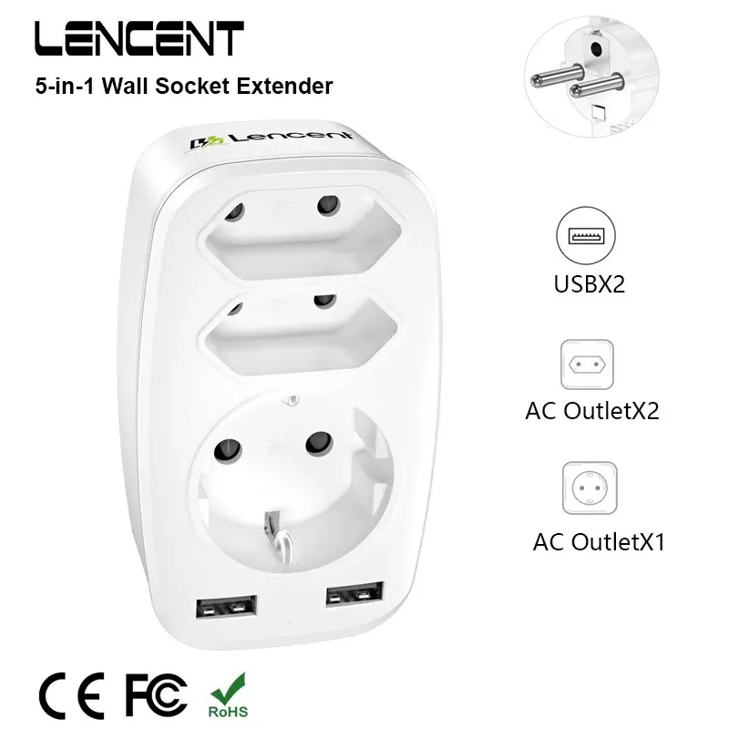 Wall Socket Extender USB Charger 3 AC Outlets 2 USB Ports 4000W Multi Outlet Adapter Home/Office Electrical Socket Power Strip Power Socket Plug Adapter Power Plug Adapter