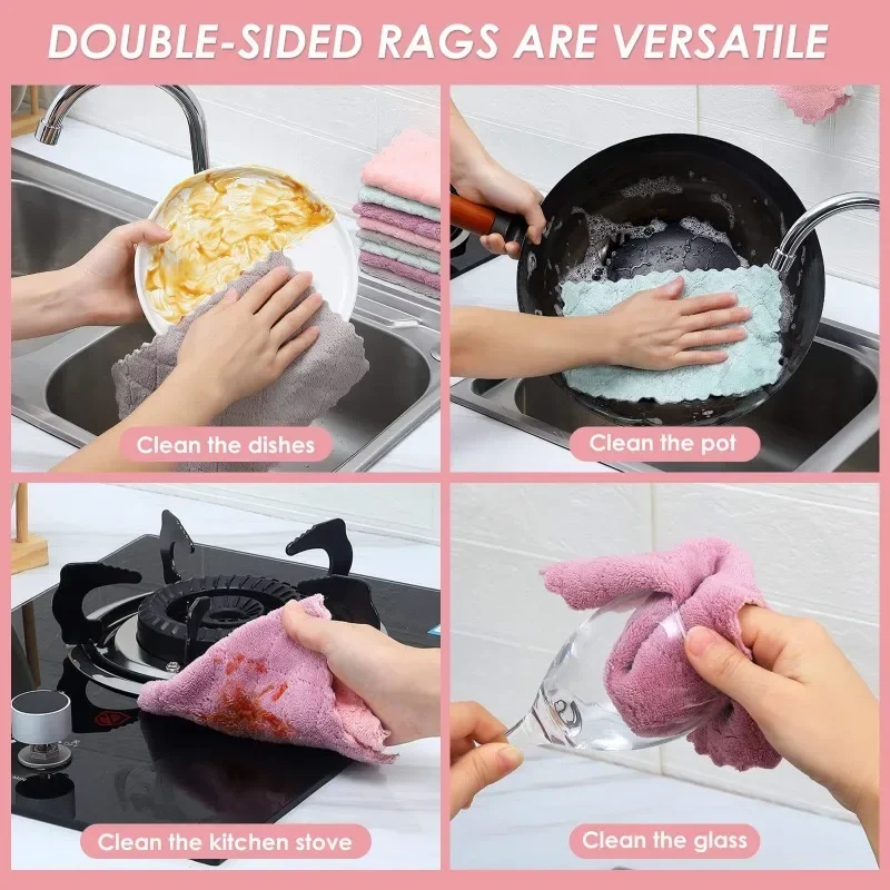 Double-layer Microfiber Towel Super Absorbent Coral Fleece Cleaning Cloths Kitchen Non-stick Oil Dishcloths Scouring Rag 12/1pcs