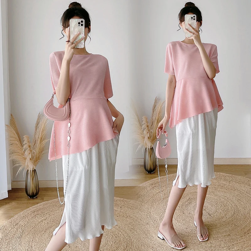 Korean Style Maternity Short Sleeve Irregular Shirt Abdominal Skirt Sweet Pregnant Women Suits Solid Color Pregnancy Clothes Set