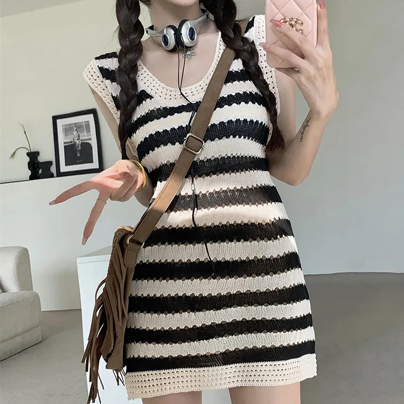 여성용 스트라이프 니트 탱크 할로우 아웃 니트웨어, O-넥 스트리트웨어, 미니 원피스 