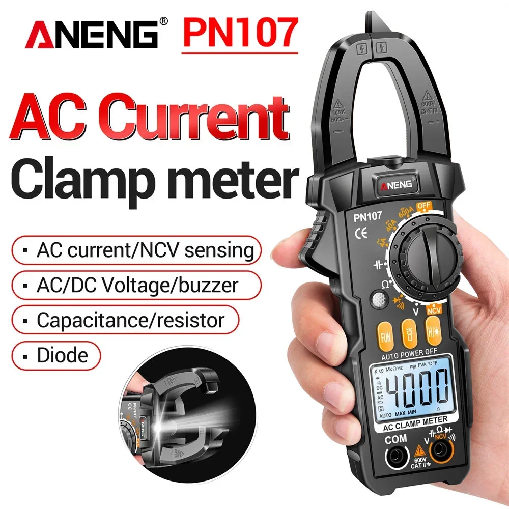 Digital Multimeter ANENG PN107 Clamp Meter Multimeter Digital AC Current Meter 600V AC Voltage True RMS 4000 Count Electrical Capacitance Ohm Test