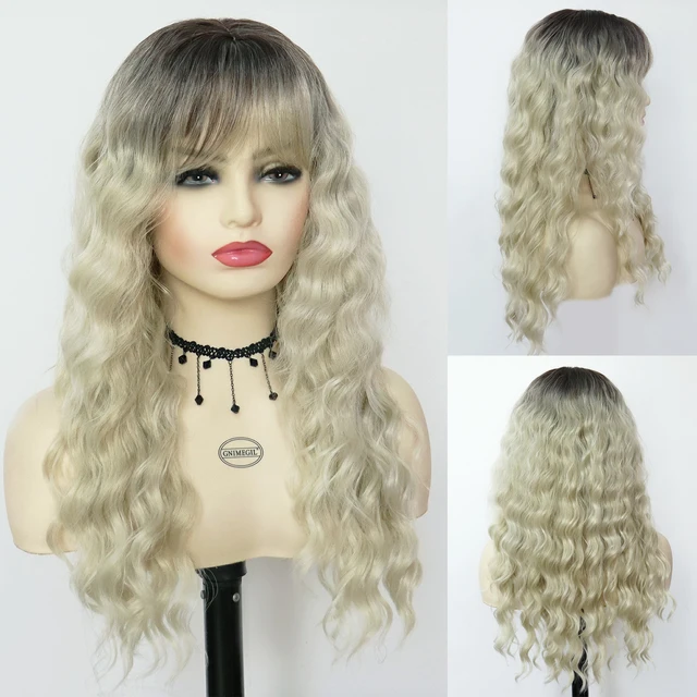 GNIMEGIL Synthetic Long Curly Wigs for Women Ombre Blonde Wig with Bangs Costume Wig for Girls Sexy Blond Wigs with Dark Roots 822-1