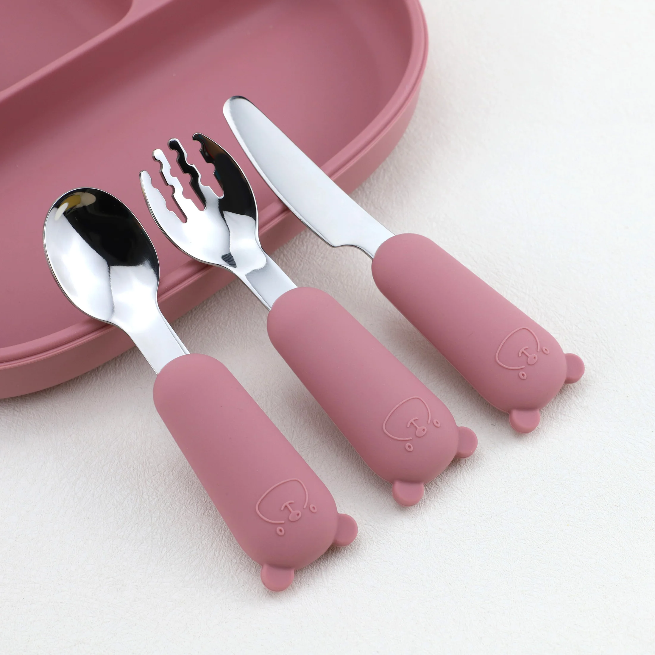 New Cartoon Bear Stainless Steel Spoon Fork Knife 3-Piece Set Silicone Tableware Set