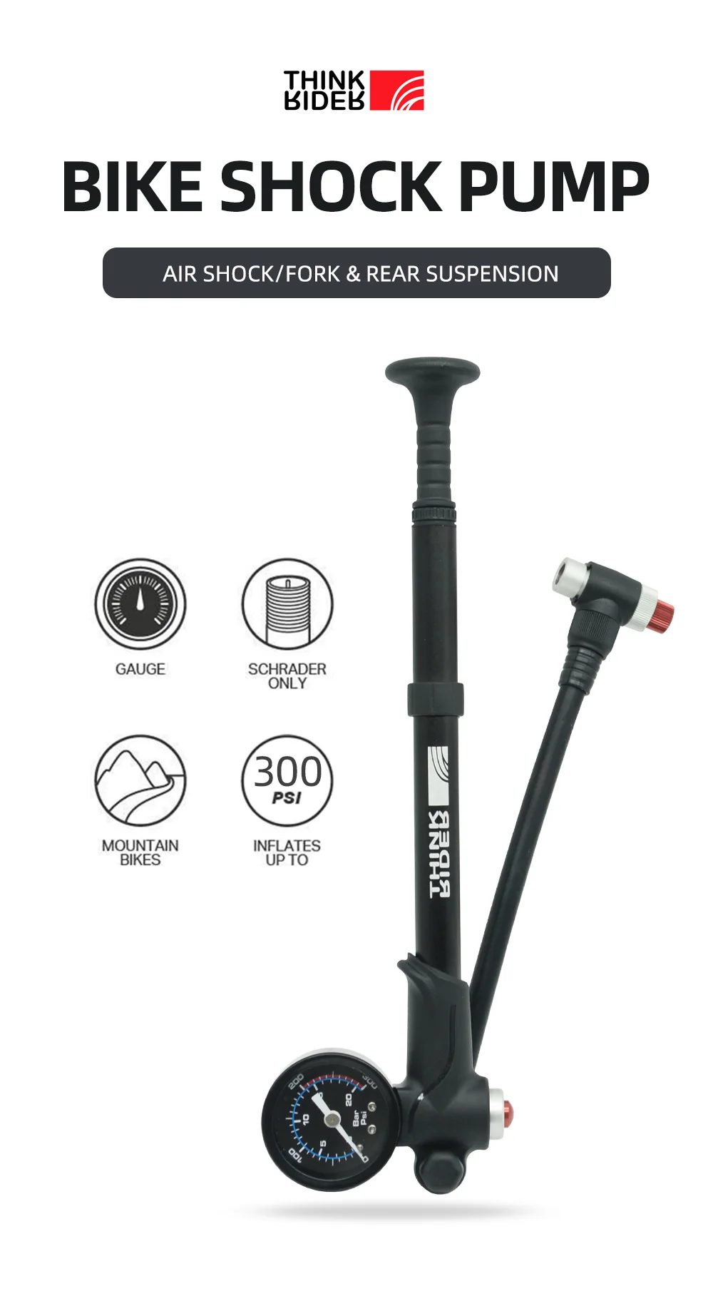 Think rider tragbare Hochdruck 300psi Fahrrad luftpumpe mit Messgerät für Gabel & Hinterrad aufhängung Stoßdämpfer Berg – Detail 1