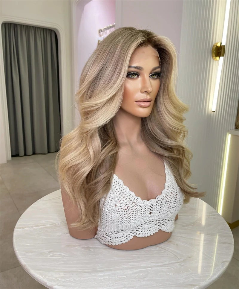 Long Loose Wave Ombre Blonde 3T Ash Brown Blond Synthetic Lace Front Wigs Dark Roots Synthetic Mixed with REal Human Hair Wigs