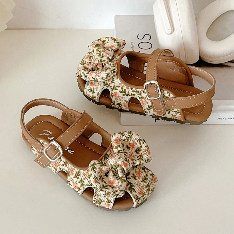 Kids'Casual 신발 패션 레오파드 프린트 PU 가죽 샌들 여름 신발 소녀용 미끄럼 방지 브라운 옐로우 신발 사이즈 23-33