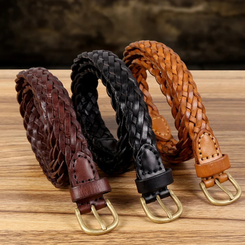 

100cm Handmade Woven Belt Top Layer Cowhide Braided Belt Women Waistband Luxury Straps Knitted Designer Female Jeans Accessories