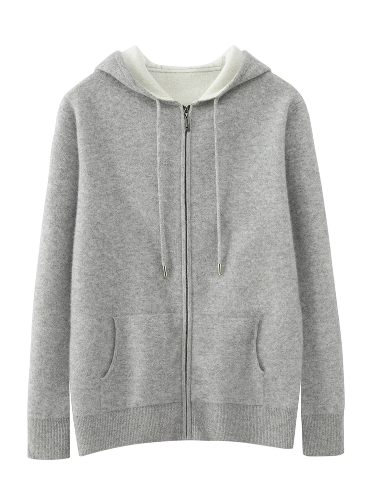 High Quality Autumn Winter Men Hooded Cashmere Sweater Long Sleeve Casual Loose 100% Merino Wool Cardigan Knitwear Clothing Tops 2