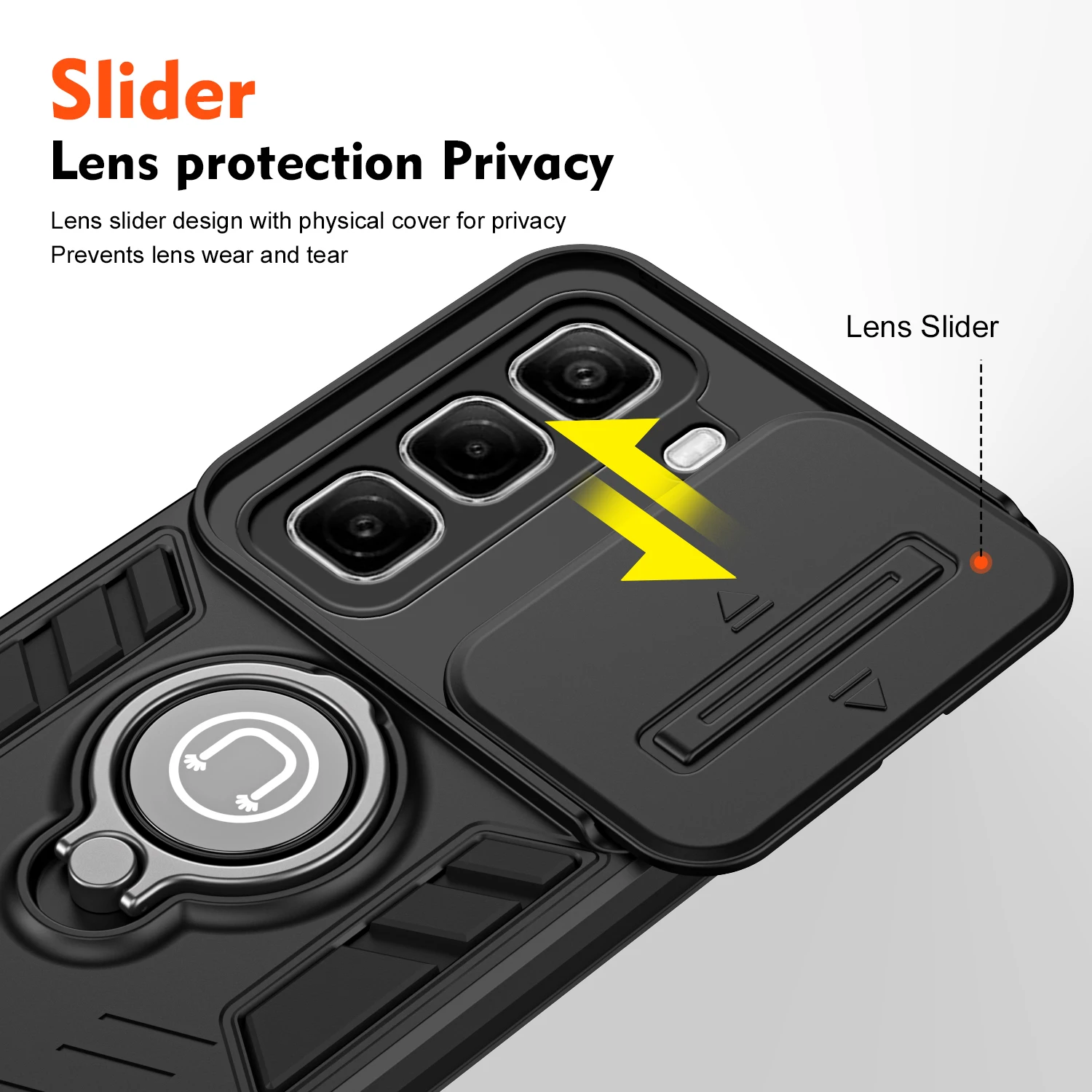 Rugged Armor Shockproof Phone Case with Sliding Window and Metal Ring Holder Back Cover