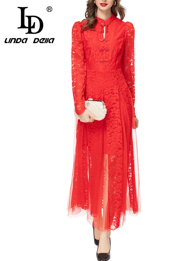 

LD LINDA DELLA Autumn New Style Elegant Party Dress Women's Red Single-breasted Nail Bead Hollow Out Splice Lace Slit Long Dress