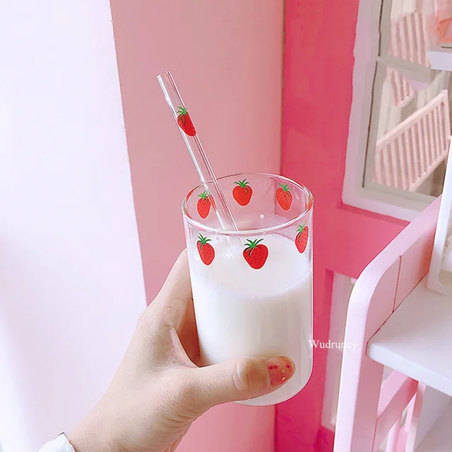 300ml Strawberry Cute Glass Cup With Straw Creative Transparent Water Cup  Student Milk Heat Resistant Glass Nana - AliExpress