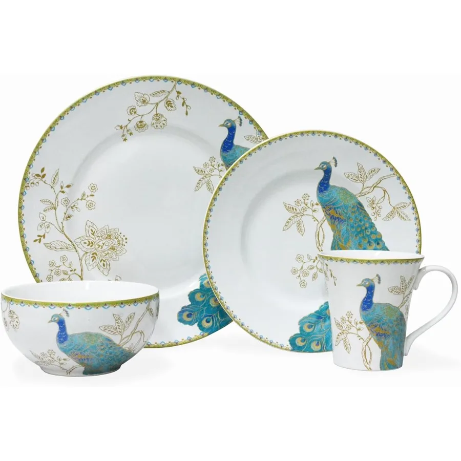 16Piece Porcelain Dinnerware Set for 4 Elegant Plates and Bowls SetsWhite Teal Gold Ceramic Dishes Chip Proof Kitchen and Dinin