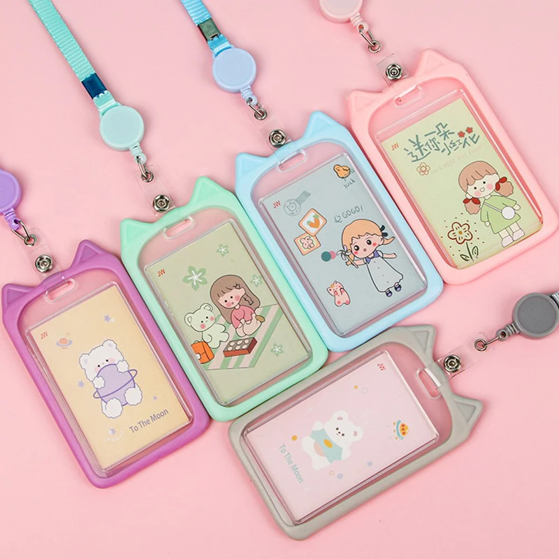 

Colorful Bank Identity ID Card Transparent Holder Cartoon Credit Card Holder With Retractable Reel Lanyard Bus Card Cover Case