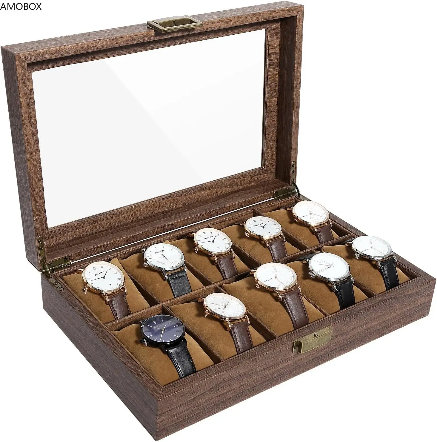 

AMOBOX Watch Box, With Real Glass Lid, Wood Grain PU Leather Watch with Removable Watch Pillows, Gift for Men and Women