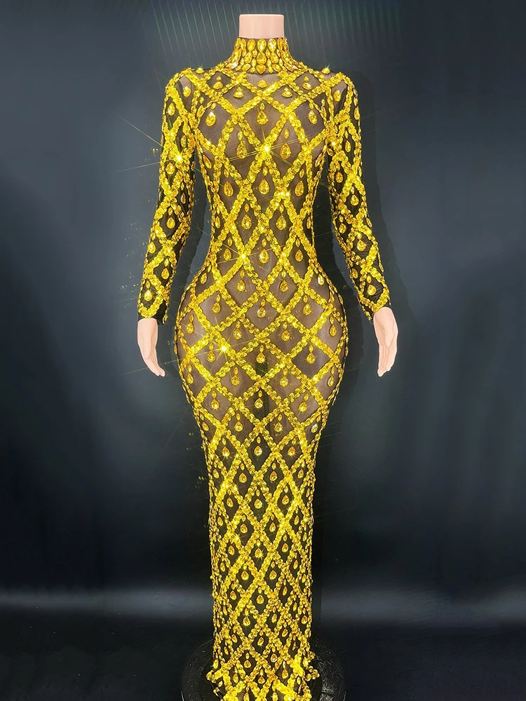 2024 New Sequins Crystals Long Dress Women Evening Prom Party Birthday Dress SexyTransparent Performance Costume Show Stage Wear