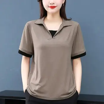 빅 사이즈 5XL 살구색 여성 반팔 폴로 셔츠, 한국 패션, 페이크 투 순면 티셔츠, 캐주얼 루즈 얇은 상의, 신제품