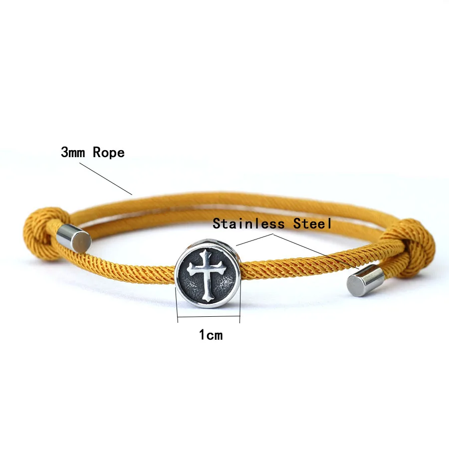 Stainless Steel Viking Cross Mens Bracelet Adjustable Rope