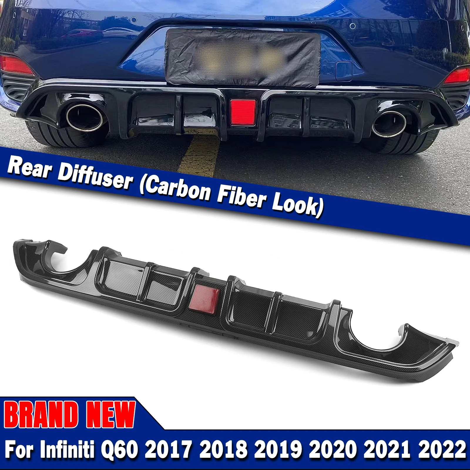 

For Infiniti Q60 2017-2022 Carbon Fiber Look/Gloss Black Rear Bumper Diffuser Lip W/ LED Lamp Splitter Spoiler Plate Bracket Kit