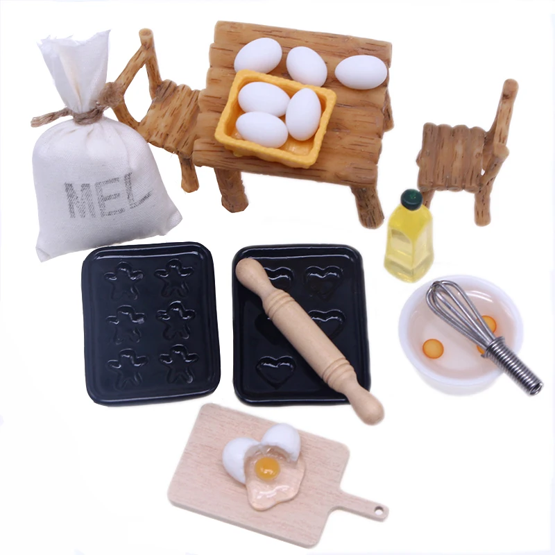 

1Set 1:12 Dollhouse Miniature Rolling Pin Olive Oil Egg Dining Table Chairs Furniture Model Kitchen Supplies Life Scene Decor