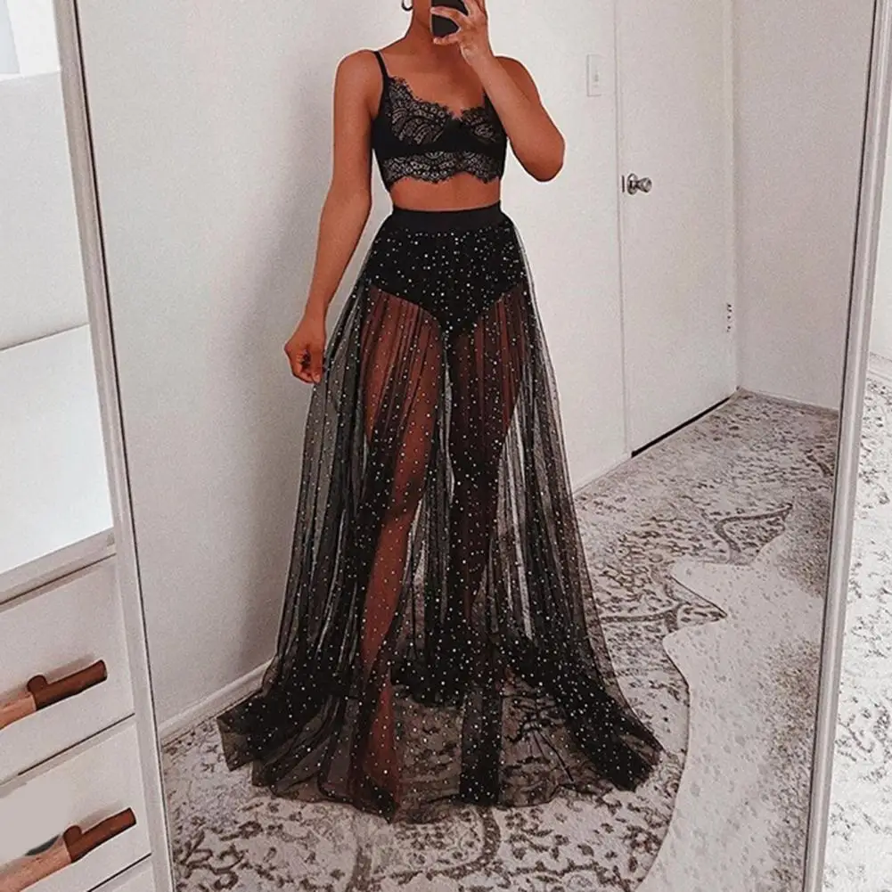 Mesh See Through Women's Skirt Mesh Big Hem Ankle Length Thin High Waist Elastic Waist Summer Shiny Sequin Solid Long Skirts 3