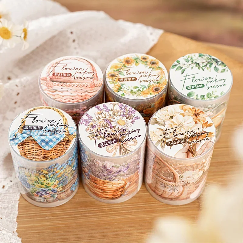 1Roll PET Adhesives Handbook Tape Flowers Picking Flowers Season Basket Collage Bottoming Decoration Scrapbook 60mm*2m 2