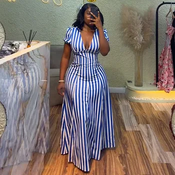 Women Striped Printed V-Neck Dress Short Sleeve Elegant Slim Casual Vacation Streertwear Vintage Long Dress Summer Dresses 2025 1