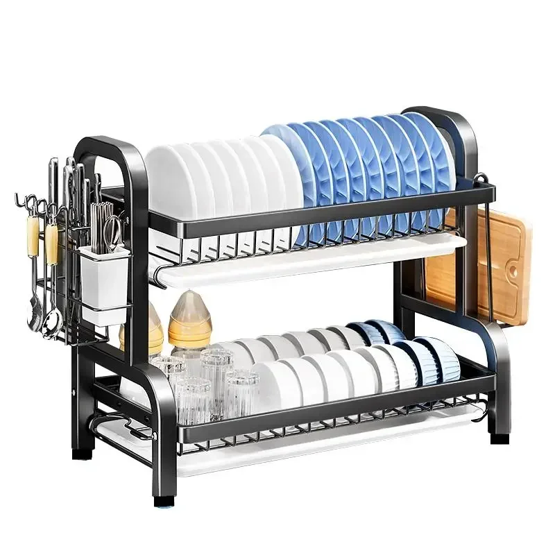 Dish Drying Rack 2-Tier Compact Kitchen Dish Rack Drainboard Set Large Rust-Proof Drainer Utensil Holder
