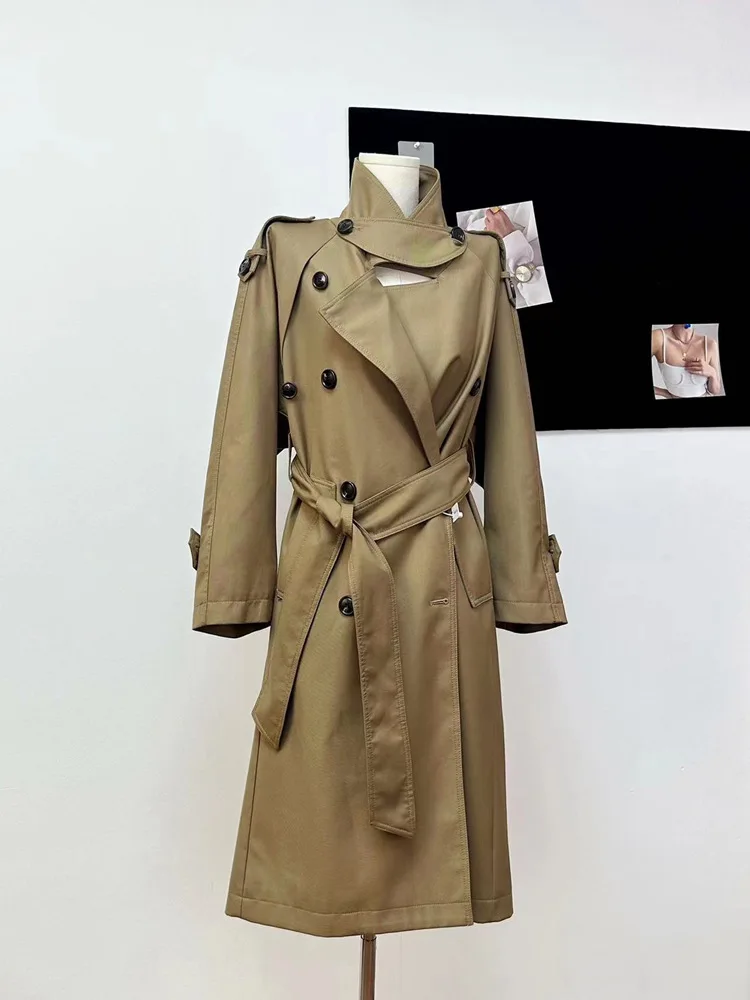 Khaki/Black Spring Fall Long Trench Jackets Korean Casual Double Breasted Gabardina Coats Women Loose Windbreaker Abrigos New