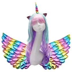 Girls Unicorn Cosplay Hairband Kids Dress UP Wigs Princess Fancy Outfits Accessories Baby Girl Rainbow Braid Synthetic Hair