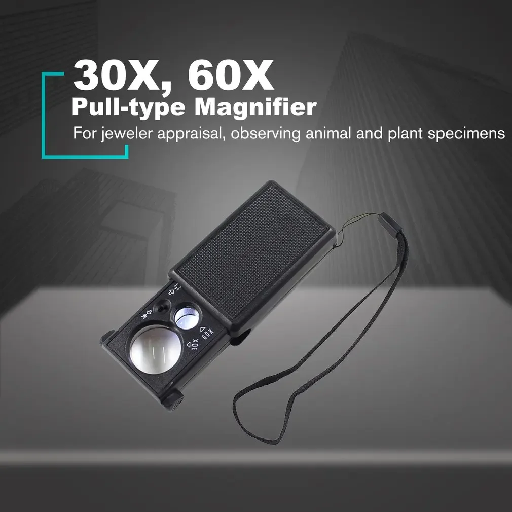 30X 60X Pull-type Jewelry Magnifier Mini Pocket Hand Magnifying Glass Portable Microscope Loupe Optical Lens Tool LED Light