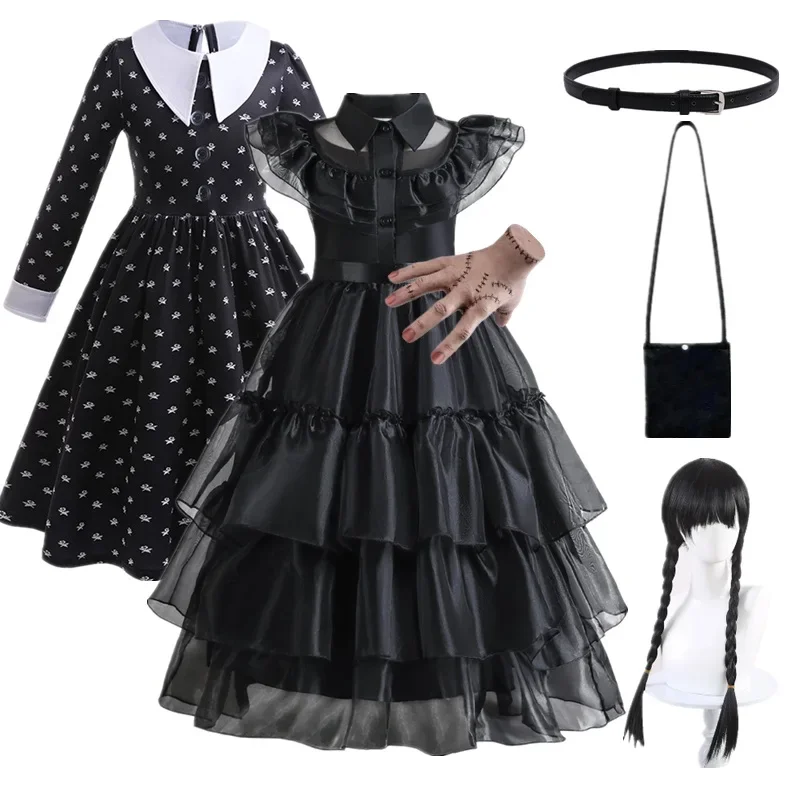 Black Halloween Dress Wednesday Addams Costume Dress For Girls 5-12T - Black  Dress With Wig, Necklace, Gloves & Accessories Wednesday Addams Outfit