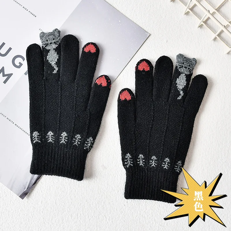 Fingertip Cat Black Gloves Autumn and Winter Female Students Imitation Cashmere Bag Finger Gloves Outdoor Cycling Winter Cycling Gloves Warm Gloves Cat Gloves
