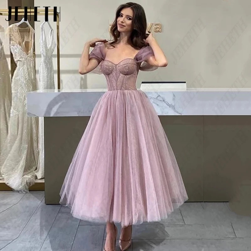 

JEHETH Purple Cap Sleeve Prom Dress Women Sweetheart Tulle Evening Gown Vintage A-Line Party Backless Robes De Soirée Tea-Length