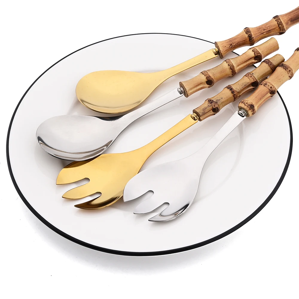 2/4Pcs Long Handle Serving Spoon Serving Spoon Dinnerware Set Bamboo Wooden Handle Salad Spoon Fork Stainless Steel Tableware Kitchen Cutlery Set