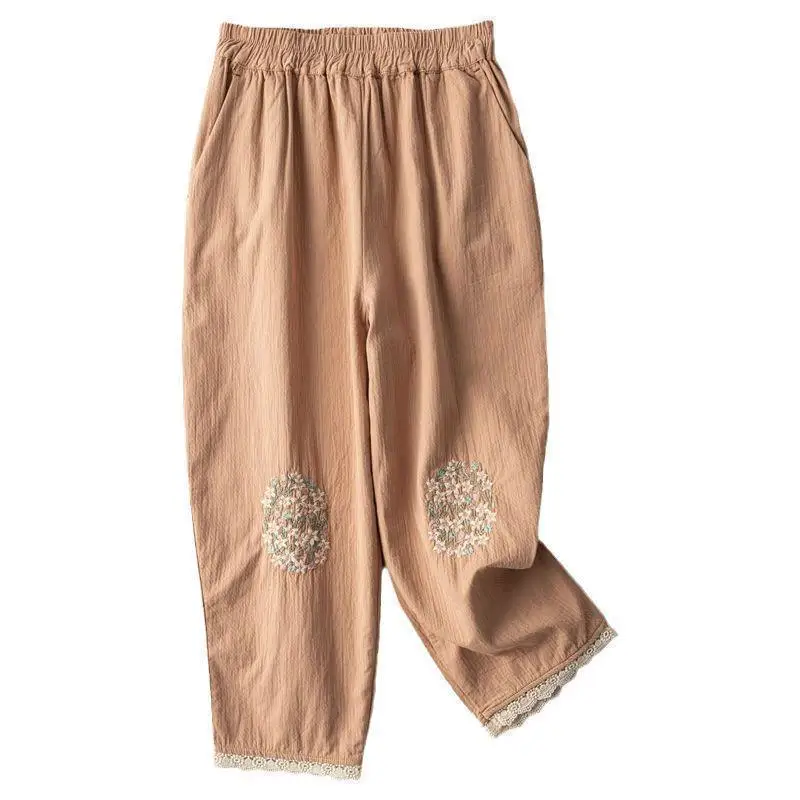 

Summer New Solid Color Fashion Elastic Waist Haren Pants Women High Street Casual Vintage Embroidered Pocket Patchwork Trousers