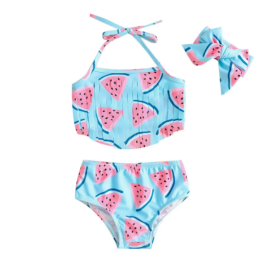 

Children's Swimsuit Bow Headband Watermelon Print Halter Bow Chest Fringe Design Halter Beach Swimsuit