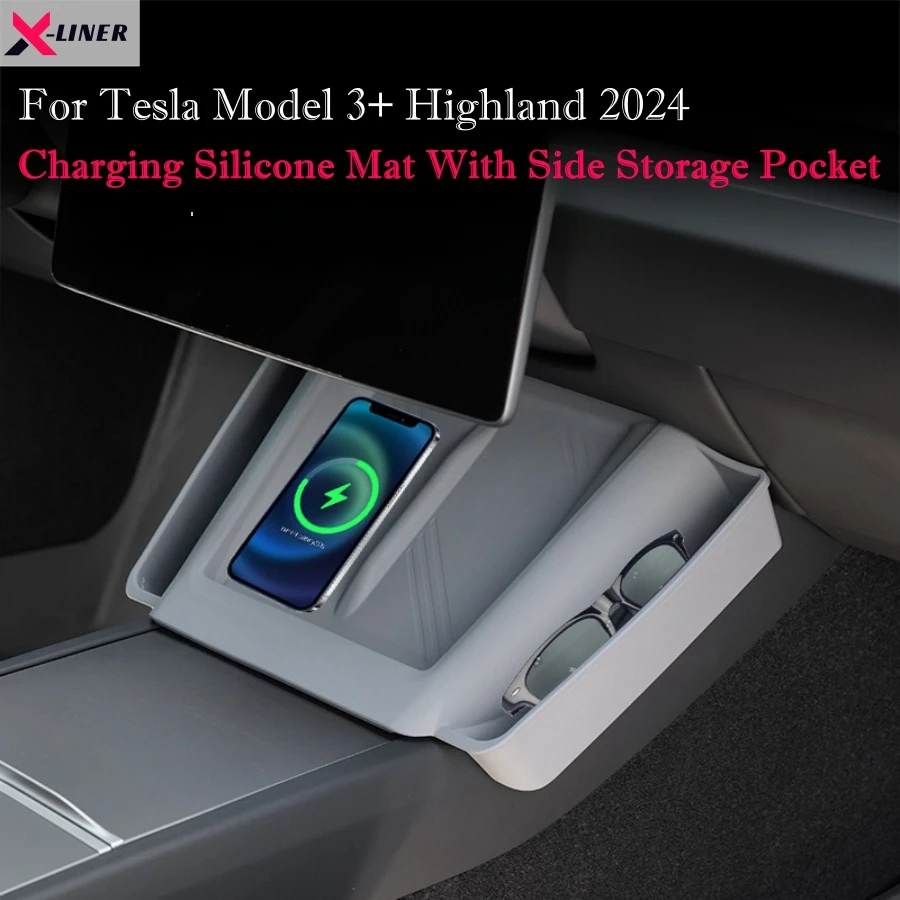 

Newest Tesla Model 3+ Highland 2024 Center Console Wireless Charging Silicone Mat With Side Storage Pocket Non-Slip Mats Tray