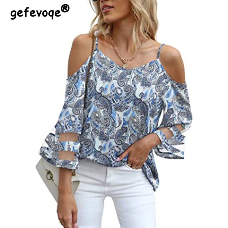 Women Sexy Off Shoulder Mesh Patchwork Blouses Summer Trendy V Neck 3/4 Sleeve Loose Shirts Vintage Paisley Print Blusas Mujer women sexy off shoulder mesh patchwork blouses summer trendy v neck 3 4 sleeve loose shirts vintage paisley print blusas mujer