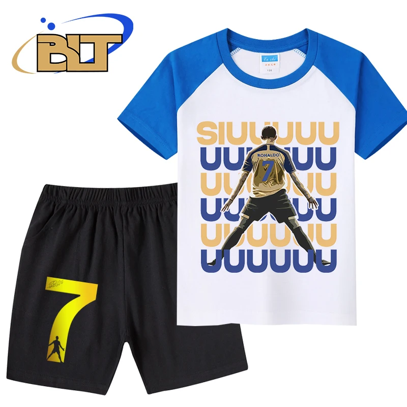 

Комплект летней детской футболки siuuuuuu с принтом головы Роналду, шорты из чистого хлопка с коротким рукавом, комплект из 2 предметов, подходит для мальчиков и девочек