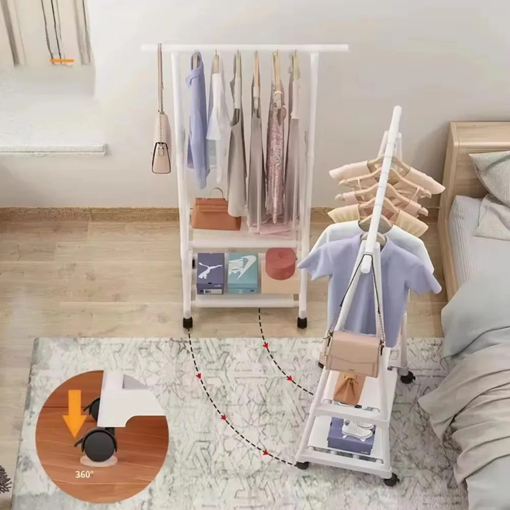 Household Hanging Clothes Rack Bedroom Mobile With Wheel Portable Floor Triangle Hangers Shelves