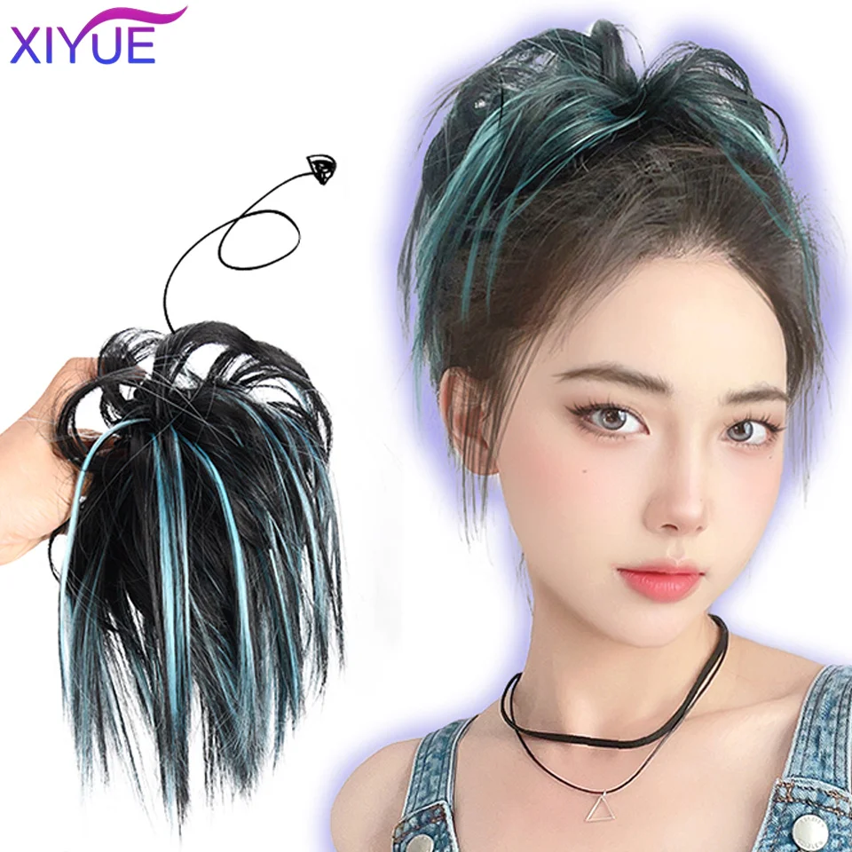 XIYUE Synthetic Messy Hair Bun Tousled Hairpiece Elastic Band Chignon Curly Scrunchie Updo Cover Hair Tail for Women Pink