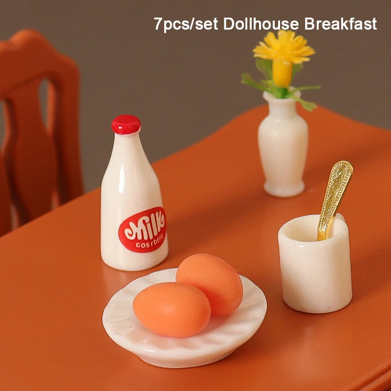 

7Pcs/set Dollhouse Mini Breakfast Milk Egg Cup Saucer Tableware Set For 1:12 Dolls House Kitchen Food Decor Kid Pretend Play Toy