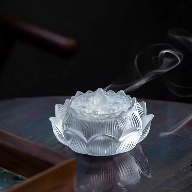 Large Art Glass Incense Burner for Cone Coil Stick Incense with Lotus Design Home Decor Meditation Zen Yoga Aromatherapy Gift