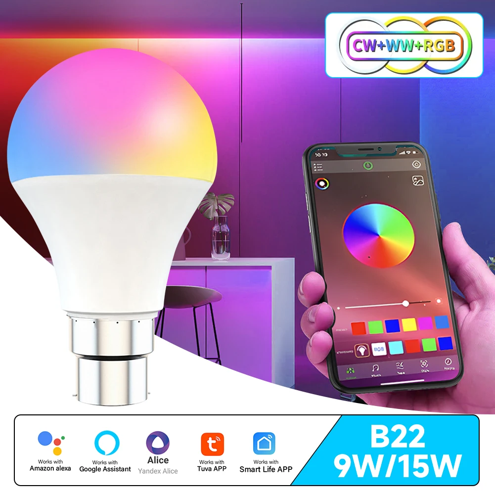 Tuya WiFi E27 B22 스마트 디밍 가능 전구 RGBCW 100-240V 15W LED 조명, 스마트 라이프 앱 제어 지원 Alexa Google Home Alice