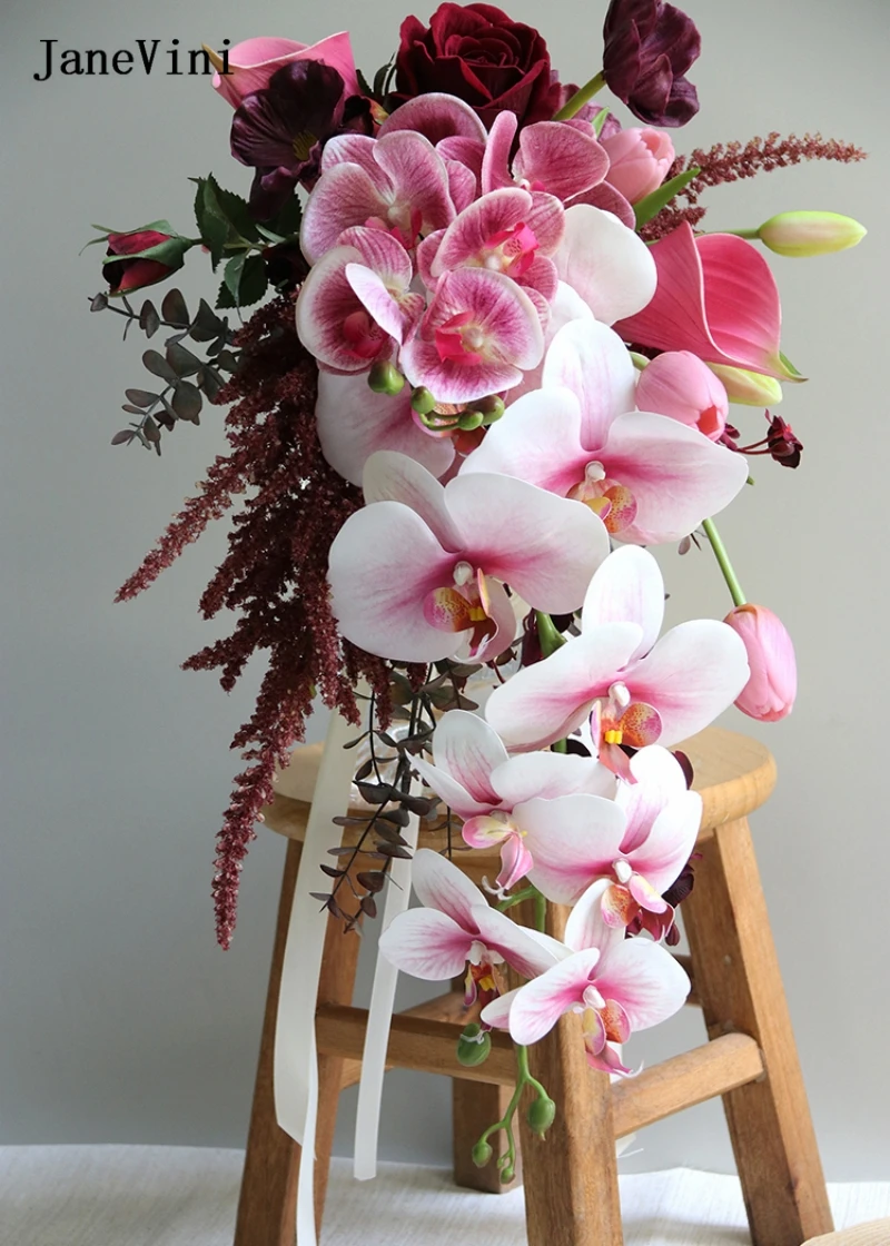 JaneVini Romantic Waterfall Bridal Bouquets Wedding Flowers Artificial Butterfly Orchid Cascading Bouquet Accessories for Bride